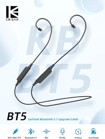 YINYOO KBEAR BT5 بلوتوث 5.1 كابل محول لاسلكي مطور مع 6 ساعات وقت تشغيل كابل بلوتوث 2 دبابيس لـ KZ ZST/ZSN Pro/ZSN Pro X/ES4/ZS10 Pro/EDX Pro/EDX/CCZ Melody/KS1 KS2 in Saudi Arabia
