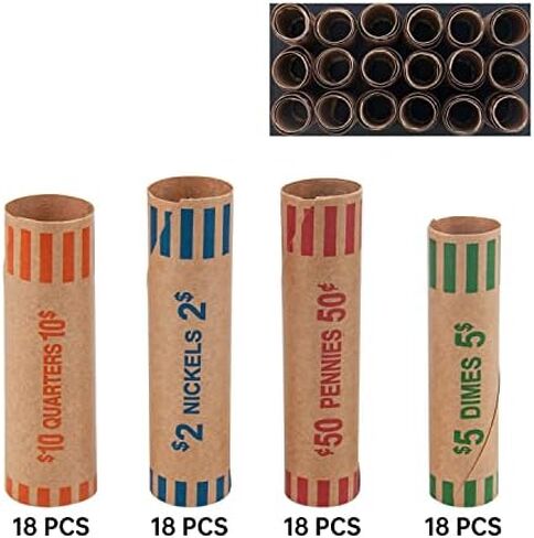 NATURALABEL 72 Assorted Coin Wrappers Rolls - 18 Quarters, 18 Pennies, 18 Nickels, 18 Dimes, Durable Preformed Paper Coins Tubes, Change Rolls Wrappers (72pcs) in Saudi Arabia