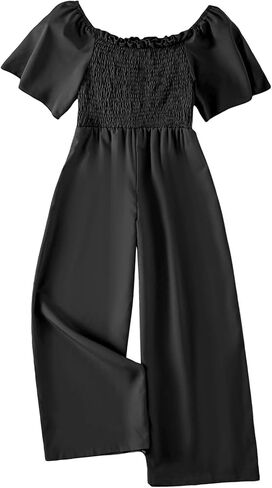 WDIRARA Girl's Off Shoulder Shirred Frill Trim Short Sleeve Wide Leg Solid Jumpsuits in Saudi Arabia