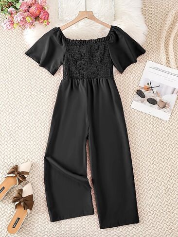 WDIRARA Girl's Off Shoulder Shirred Frill Trim Short Sleeve Wide Leg Solid Jumpsuits in Saudi Arabia