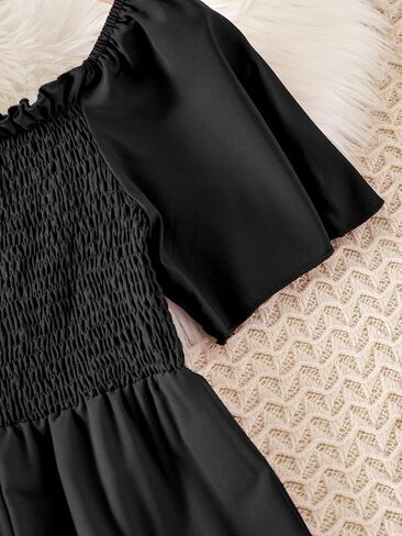 WDIRARA Girl's Off Shoulder Shirred Frill Trim Short Sleeve Wide Leg Solid Jumpsuits in Saudi Arabia