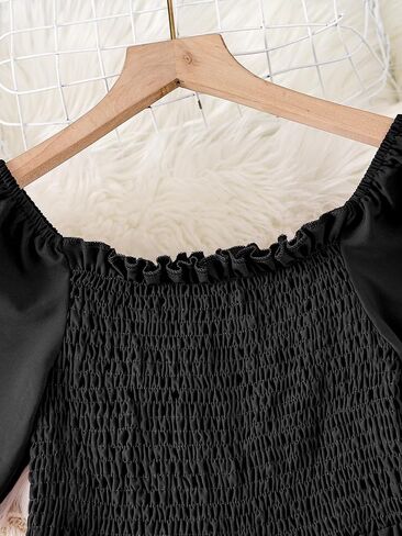 WDIRARA Girl's Off Shoulder Shirred Frill Trim Short Sleeve Wide Leg Solid Jumpsuits in Saudi Arabia