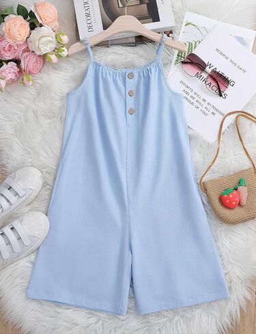 LIONJIE Girl's Sleeveless Jumpsuits Spaghetti Strap Loose Romper Summer Short Pants with Pockets 3-12 Years in Saudi Arabia
