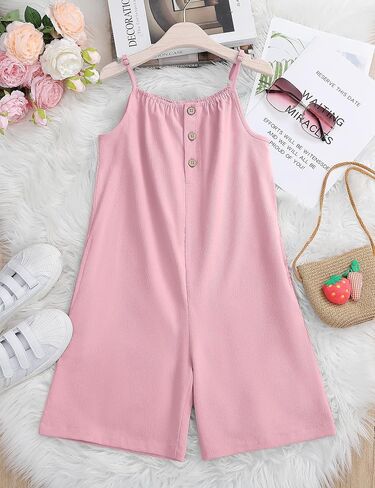 LIONJIE Girl's Sleeveless Jumpsuits Spaghetti Strap Loose Romper Summer Short Pants with Pockets 3-12 Years in Saudi Arabia