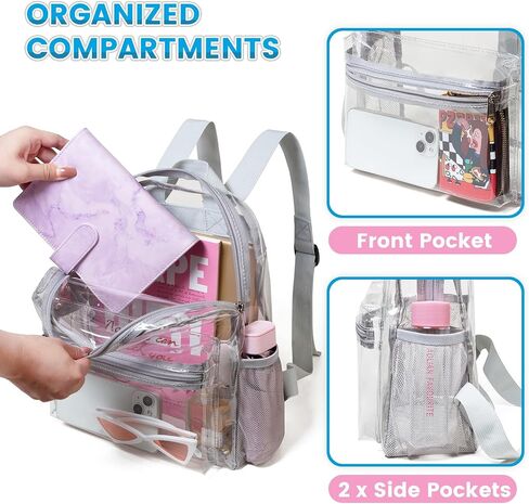 Vorspack Clear Mini Backpack - Clear Backpack Stadium Approved 12x12x6 Small Clear Backpack for Women Clear Bag for Concerts Festivals Sports Work - Grey in Saudi Arabia
