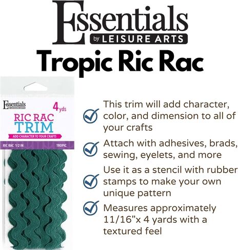 أساسيات من Leisure Arts RIC Rac 11/16" 4 ياردات تروبيك - زخرفة ريك راك للخياطة - زخرفة ريك راك مموجة للخياطة والحرف اليدوية - شريط ريك راك - ريك راك تقليم استوائي in Kuwait