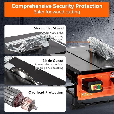 منشار طاولة لموقع العمل، محرك نحاسي مقاس 8 بوصات 6.7 أمبير، سرعة قطع تصل إلى 3576 دورة في الدقيقة، شفرة 24T، مجموعة منشار طاولة محمولة مدمجة مع مقياس ميتري منزلق للأعمال الخشبية وصناعة الأثاث، برتقالي in Kuwait