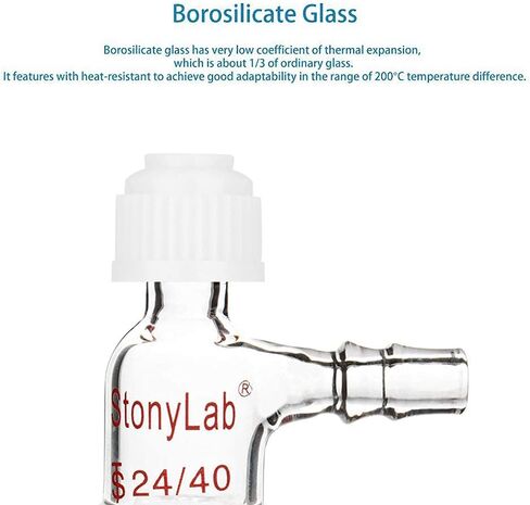 محول ميزان حرارة مدخل زجاجي من StonyLab، وصلة 24/40 مع وصلة خرطوم مسننة جانبية وأواني زجاجية مختبرية ذات غطاء ضغط in Kuwait