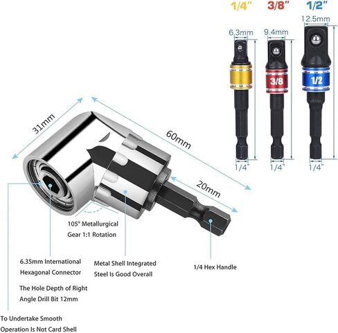 Rongon Impact Socket Adapter Tools, 1/4" 3/8" 1/2" 105 Degree Right Angle Drill Bit Adapter, Impact Grade Power Hand Tools, Socket Adapter Set for Drill in Saudi Arabia