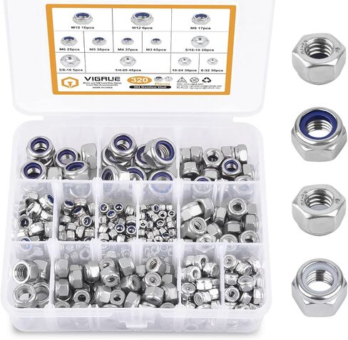 VIGRUE 320 قطعة SAE وصواميل قفل سداسية مترية من النايلون، مجموعة متنوعة من صواميل القفل من الفولاذ المقاوم للصدأ 304 (M3 M4 M5 M6 M8 M10 M12 و1/4-20 5/16-18 3/8-16 8-32 10-24) in Kuwait