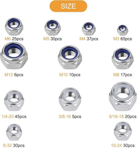 VIGRUE 320 قطعة SAE وصواميل قفل سداسية مترية من النايلون، مجموعة متنوعة من صواميل القفل من الفولاذ المقاوم للصدأ 304 (M3 M4 M5 M6 M8 M10 M12 و1/4-20 5/16-18 3/8-16 8-32 10-24) in Kuwait