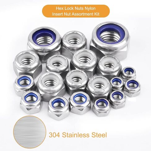 VIGRUE 320 قطعة SAE وصواميل قفل سداسية مترية من النايلون، مجموعة متنوعة من صواميل القفل من الفولاذ المقاوم للصدأ 304 (M3 M4 M5 M6 M8 M10 M12 و1/4-20 5/16-18 3/8-16 8-32 10-24) in Kuwait