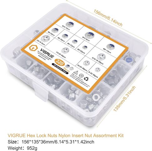 VIGRUE 320 قطعة SAE وصواميل قفل سداسية مترية من النايلون، مجموعة متنوعة من صواميل القفل من الفولاذ المقاوم للصدأ 304 (M3 M4 M5 M6 M8 M10 M12 و1/4-20 5/16-18 3/8-16 8-32 10-24) in Kuwait