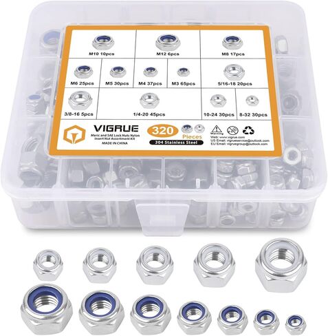VIGRUE 320 قطعة SAE وصواميل قفل سداسية مترية من النايلون، مجموعة متنوعة من صواميل القفل من الفولاذ المقاوم للصدأ 304 (M3 M4 M5 M6 M8 M10 M12 و1/4-20 5/16-18 3/8-16 8-32 10-24) in Kuwait