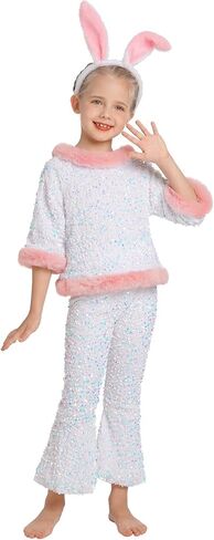 OBEEII Easter Outfit for Kids Girl, 3/4 Sleeve Sequins Velvet Pullover Top + Bell Bottom Pants + Bunny Headband 3pcs Set in Saudi Arabia