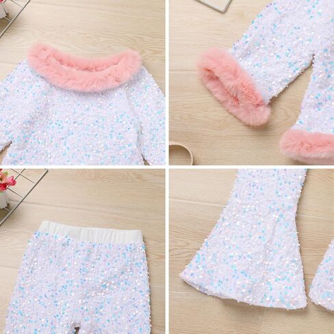 OBEEII Easter Outfit for Kids Girl, 3/4 Sleeve Sequins Velvet Pullover Top + Bell Bottom Pants + Bunny Headband 3pcs Set in Saudi Arabia