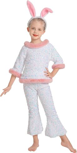 OBEEII Easter Outfit for Kids Girl, 3/4 Sleeve Sequins Velvet Pullover Top + Bell Bottom Pants + Bunny Headband 3pcs Set in Saudi Arabia