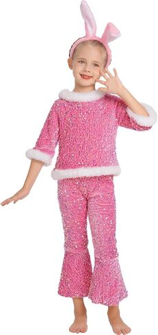 OBEEII Easter Outfit for Kids Girl, 3/4 Sleeve Sequins Velvet Pullover Top + Bell Bottom Pants + Bunny Headband 3pcs Set in Saudi Arabia