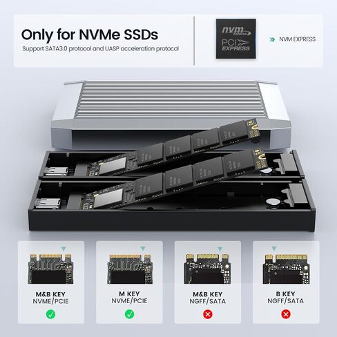 حاوية Yottamaster Dual Bay NVMe، قارئ محول USB C خارجي NVMe SSD بدون أدوات لمفتاح M PCIe 2230/2242/2260/2280 M.2 SSD حتى 2X4 تيرابايت، يدعم Trim & UASP & Smart [TR13-2N] in Kuwait