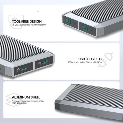 حاوية Yottamaster Dual Bay NVMe، قارئ محول USB C خارجي NVMe SSD بدون أدوات لمفتاح M PCIe 2230/2242/2260/2280 M.2 SSD حتى 2X4 تيرابايت، يدعم Trim & UASP & Smart [TR13-2N] in Kuwait