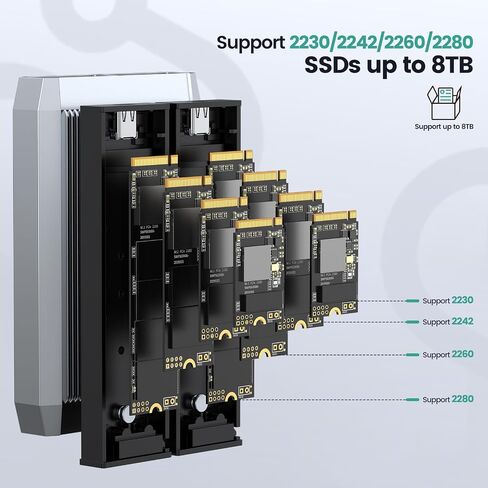 حاوية Yottamaster Dual Bay NVMe، قارئ محول USB C خارجي NVMe SSD بدون أدوات لمفتاح M PCIe 2230/2242/2260/2280 M.2 SSD حتى 2X4 تيرابايت، يدعم Trim & UASP & Smart [TR13-2N] in Kuwait