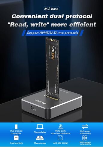 MiliPow M.2 SATA & NVMe Docking Station USB 3.1 Gen2 Dual Protocol M.2 NVMe/SATA to Type C Hard Drive Enclosure for 2230/2242/2260/2280mm M.2 Drives, Plug and Play in Kuwait