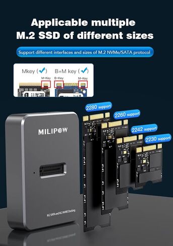 MiliPow M.2 SATA & NVMe Docking Station USB 3.1 Gen2 Dual Protocol M.2 NVMe/SATA to Type C Hard Drive Enclosure for 2230/2242/2260/2280mm M.2 Drives, Plug and Play in Kuwait