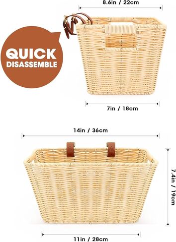 سلة أمامية للدراجة من ANZOME، سلة دراجة من الخيزران المنسوجة يدويًا مع مقابض حمل جانبية مزدوجة | سلة دراجة بمقود أمامي أنيقة للتسوق والنزهات والتنقل in Kuwait