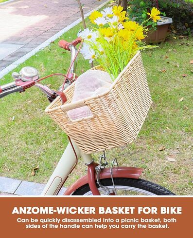 سلة أمامية للدراجة من ANZOME، سلة دراجة من الخيزران المنسوجة يدويًا مع مقابض حمل جانبية مزدوجة | سلة دراجة بمقود أمامي أنيقة للتسوق والنزهات والتنقل in Kuwait