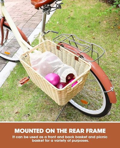 سلة أمامية للدراجة من ANZOME، سلة دراجة من الخيزران المنسوجة يدويًا مع مقابض حمل جانبية مزدوجة | سلة دراجة بمقود أمامي أنيقة للتسوق والنزهات والتنقل in Kuwait