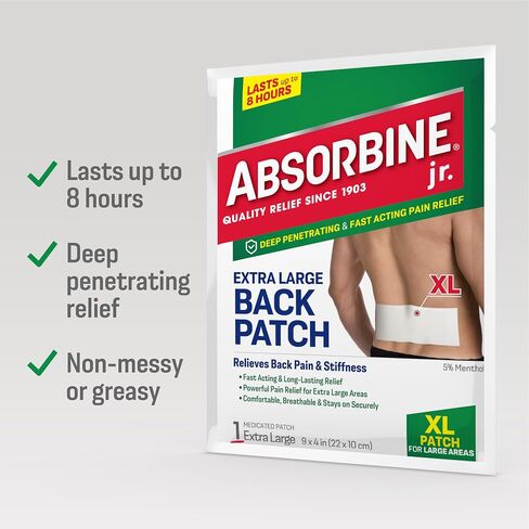 Absorbine Jr. Knee Pain Relief Patches, Fast Acting Pain Patch with Menthol for Knee Pain, Muscle Cramps and Joint Pain, 12 Hours of Long Lasting Relief with Sweat Proof Technology, 6 Count in Kuwait