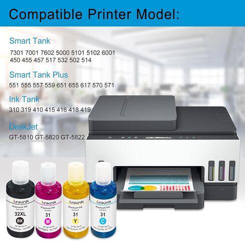 31 32XL Compatible Ink Refill Bottle Set Replacement for HP Smart Tank 5000 5101 6001 7301 7602,Plus 651 551 555 450 455 457 Printer,4 Pack(140ML 32 XL Black,100ML 31 Cyan Magenta Yellow) in Kuwait
