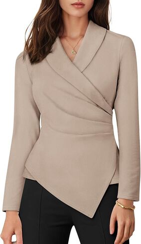 Womens Long Sleeve Tops Dressy Casual Work Blouses Asymmetrical Slim Fit V Neck Wrap Shirts 2025 in Kuwait