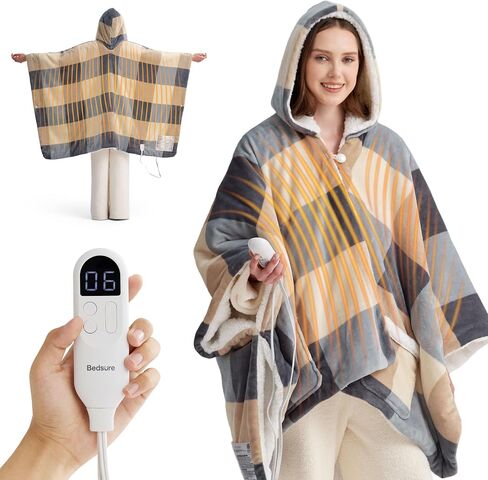 Bedsure Heated Blanket Wearable Shawl - Electric Wrap Poncho Blanket Hoodie for Adult, Birthday Gifts for Mom Women, Sherpa Heating Throw with 4 Time Settings & 6 Heat Settings, 50x64 inches, Grey in Saudi Arabia