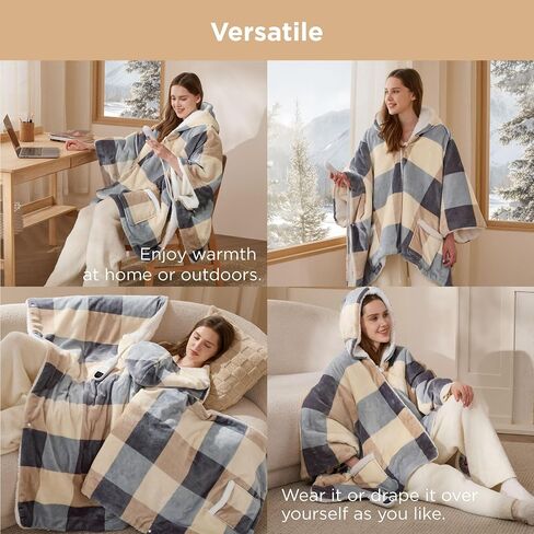 Bedsure Heated Blanket Wearable Shawl - Electric Wrap Poncho Blanket Hoodie for Adult, Birthday Gifts for Mom Women, Sherpa Heating Throw with 4 Time Settings & 6 Heat Settings, 50x64 inches, Grey in Saudi Arabia