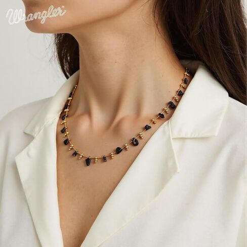 Montana West x Wrangler Gold Plated Chain Choker Necklace for Women, 18k Gold Plated Lightweight CZ Beaded Dainty Jewelry in Kuwait
