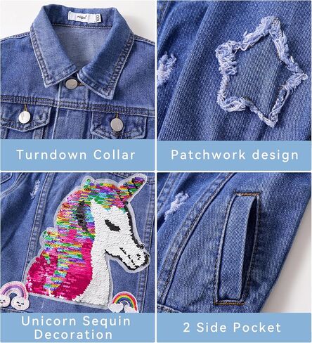 Miipat Toddler Girls Denim Jacket Sequin Patchwork Jean Jacket Little Kids Button Down Long Sleeve Jean Coat in Kuwait