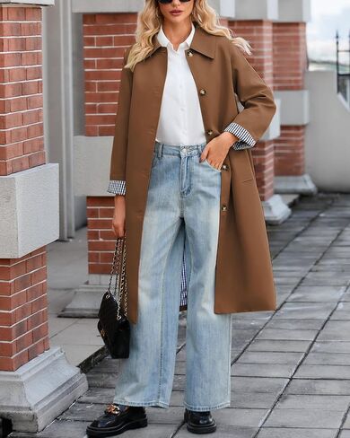 Women's Long Trench Coat Single Breasted Oversized Overcoat Classic Button Down Spring Outerwear in Kuwait