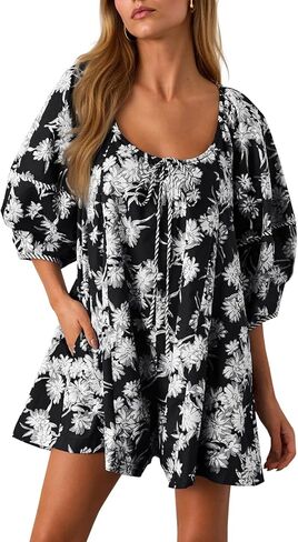 Cicy Bell Womens Summer Floral Romper Loose Scoop Neck Lantern Sleeve Short Jumpsuits Front Tie Beach Outfits (Coffee, Small) in Saudi Arabia