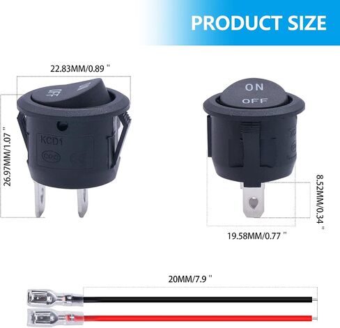 Twidec/10Pcs 12V Round Rocker Switch AC 6A/250V 10A/125V SPST 2 Pin 2 Position On/Off Toggle Switch for Car Boat Automotive RV Black with Pre-soldered Wires KCD1-X-Y in Saudi Arabia