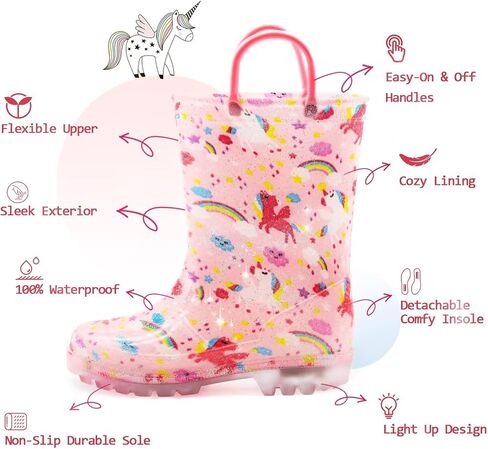 EUXTERPA Toddler Kids Waterproof Light Up Rain Boots Patterns and Glitter Boots with Handles for Boys Girls in Saudi Arabia