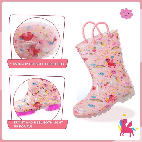 EUXTERPA Toddler Kids Waterproof Light Up Rain Boots Patterns and Glitter Boots with Handles for Boys Girls in Saudi Arabia