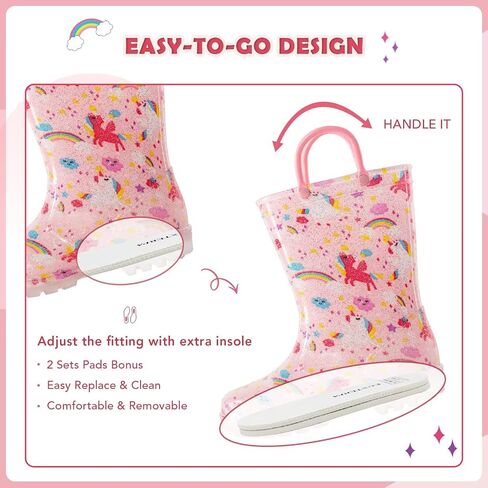 EUXTERPA Toddler Kids Waterproof Light Up Rain Boots Patterns and Glitter Boots with Handles for Boys Girls in Saudi Arabia