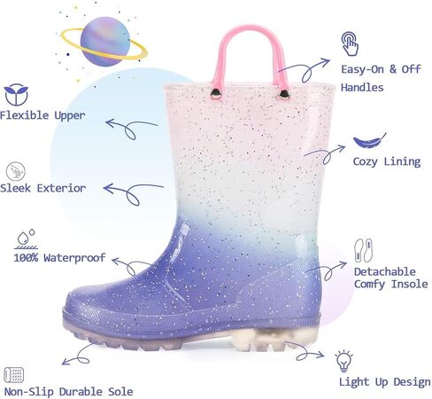 EUXTERPA Toddler Kids Waterproof Light Up Rain Boots Patterns and Glitter Boots with Handles for Boys Girls in Saudi Arabia