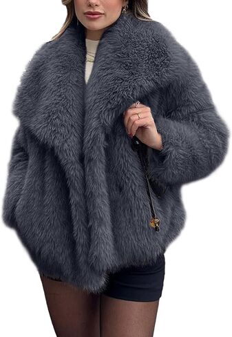 Shiyifa Faux Fur Coat for Women Fluffy Faux Fur Jacket Long Sleeve Open Front Cropped Fuzzy Outerwear in Kuwait