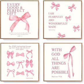 LARTSFRO Coquette Pink Bow Wall Art Decor Posters, Pink Bow Room Bedroom Bathroom Wall Art Decor Aesthetic for Teen Girls Gifts, Inspirational Bible Verses Bow Wall Decor, 10x8 Inch Set of 4 Bow Pictures (UNFRAMED) in Kuwait