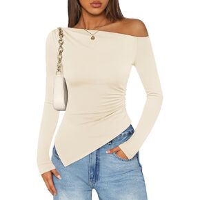 ZESICA Women's Off The Shoulder Tops 2025 Long Sleeve Y2K Asymmetrical Ruched Fitted Shirts Fall Trendy Going Out Top in Saudi Arabia