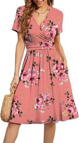 WEACZZY Women's Summer Short Sleeve Casual Dresses V-Neck Floral Party Dress with Pockets in Kuwait