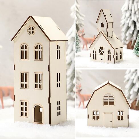 3 Pieces DIY Christmas Village Sets 8 Inch Large Wooden House Wood Craft Kit for Boys Girls Adult Chritsmas Crafts Gift for Winter Xmas Party Decorations in Saudi Arabia