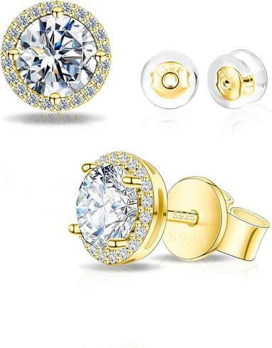 Moissanite Halo Earrings for Women & Men, 1.0-2.0ct, 925 Sterling Silver, 18K White Gold Plated, VVS1 Round Lab-Created Moissanite Stud, Hypoallergenic & Durable, Friction Back Post Earring in Kuwait